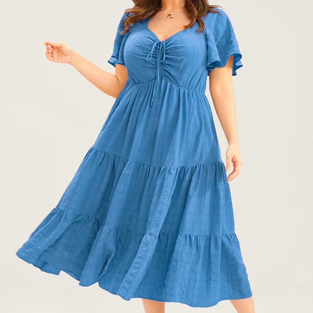 Plain Ruched Drawstring Pocket Ruffle Tiered Dress